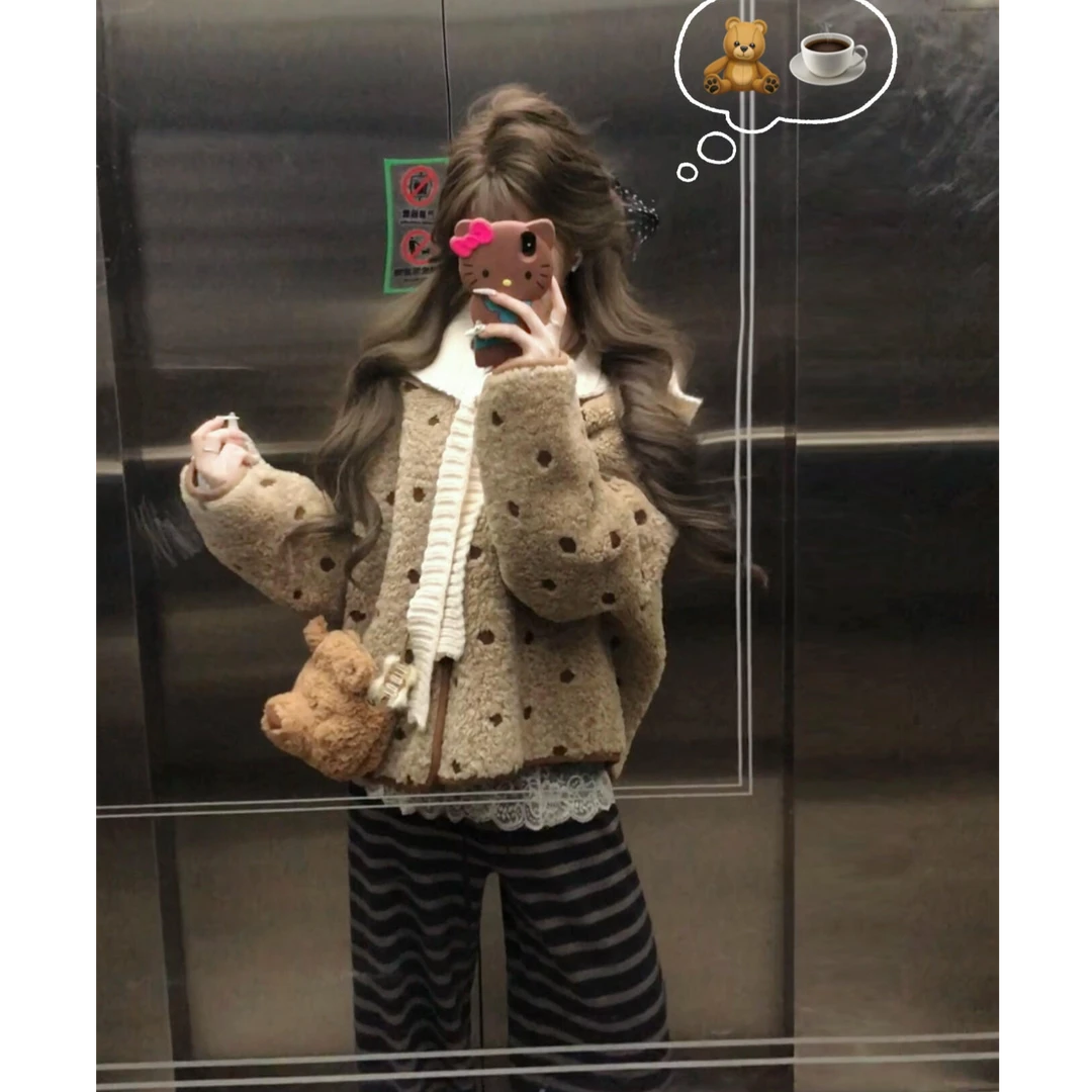 MARIE.COCO韩系慵懒风波点羊羔毛外套秋冬甜美温柔奶fufu加厚上衣