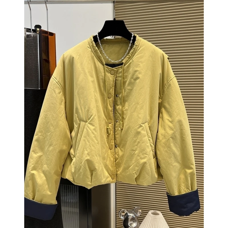 超好看纯色圆领抽绳单排扣棉服女2025年秋冬新款保暖加厚棉衣外套