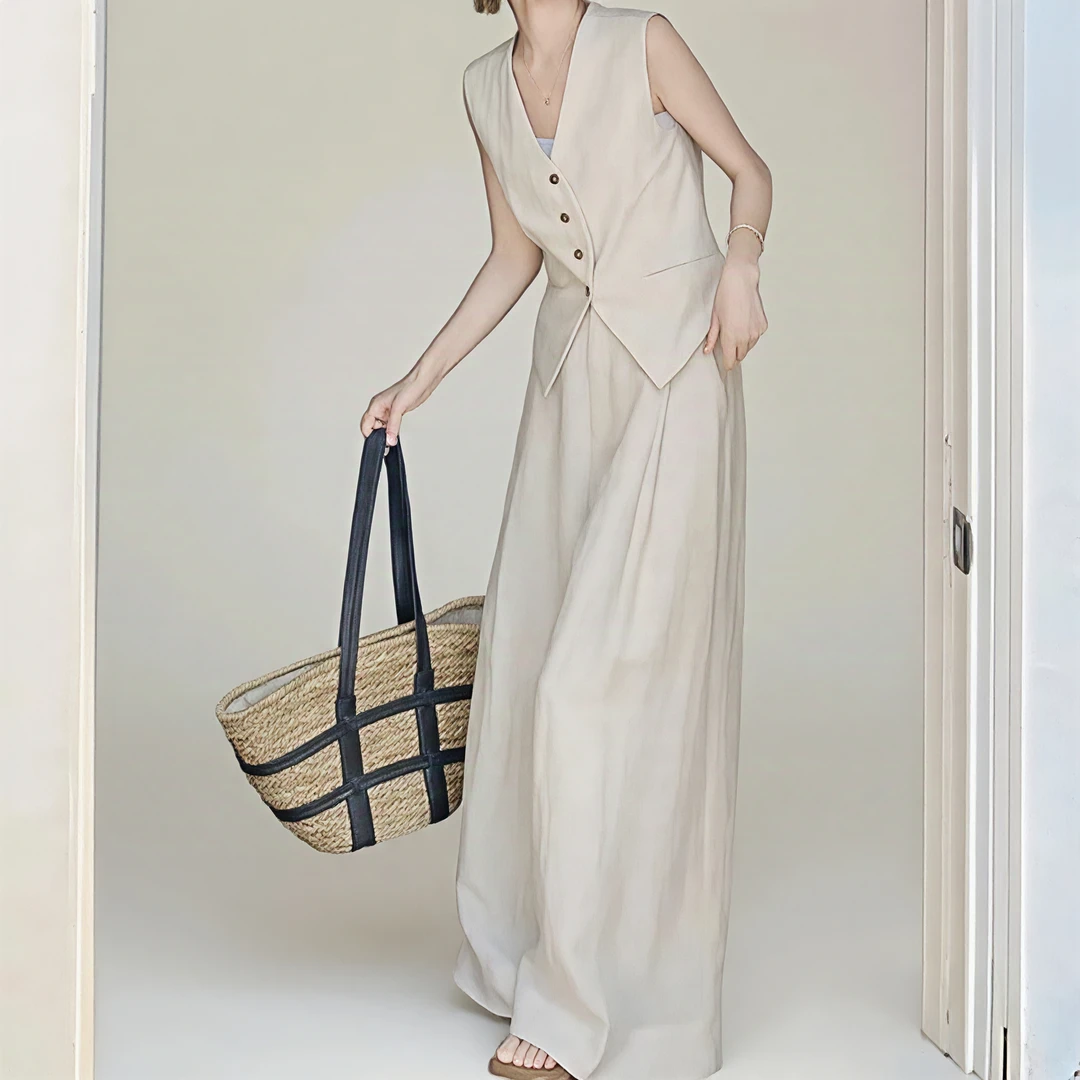 高级感老钱风亚麻套装女夏季2025新款薄款气质马甲阔腿裤两件套