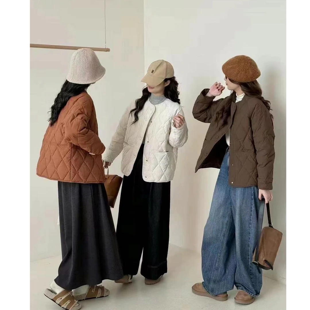 秋冬无领菱格简约休闲纯色羽绒服4992