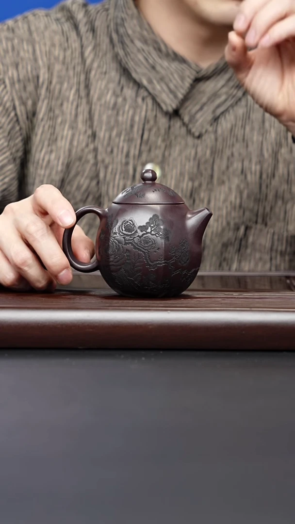 茶壶紫砂宜兴紫砂 花鸟六方龙蛋 深井老紫泥 顾林芬