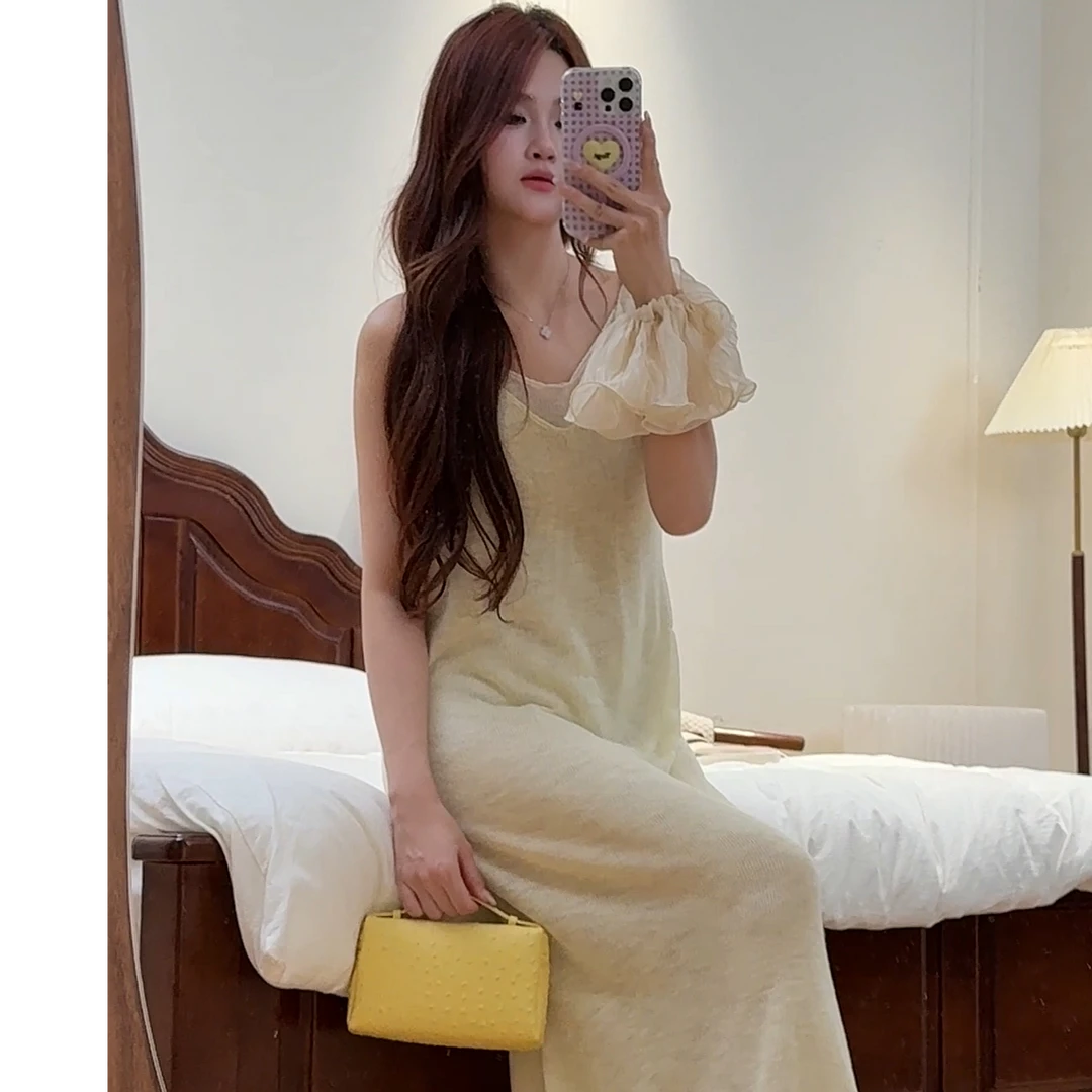 BELE ZHANG  麻花肩带吊带假两件长裙-0902