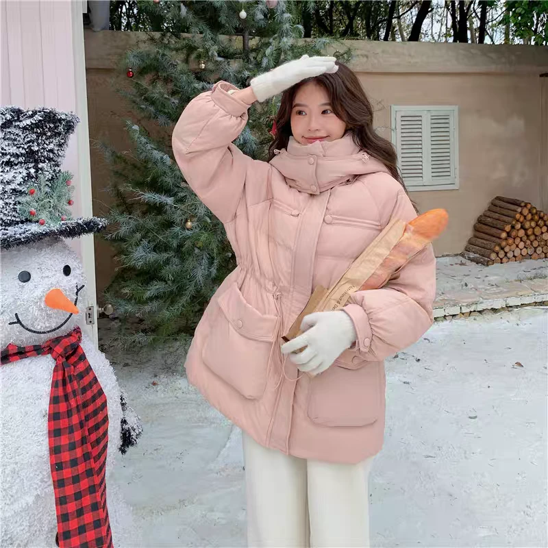 2025秋冬季新羽绒服女中长款连帽收腰抽绳加厚时尚白鸭绒保暖外套