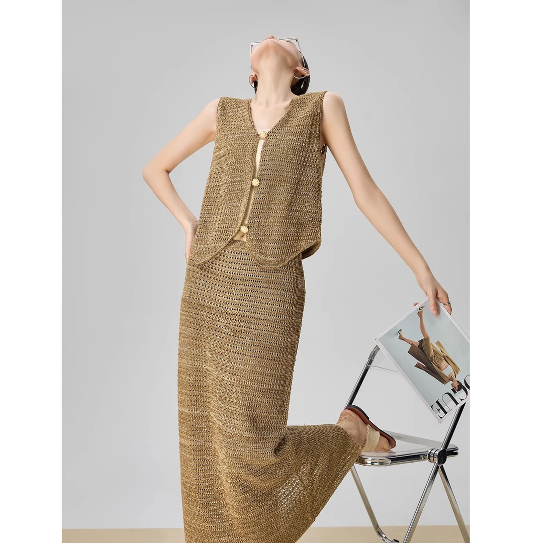 慵懒风夏装套装女巨好看的两件套棕色亚麻无袖马甲裙子两件套