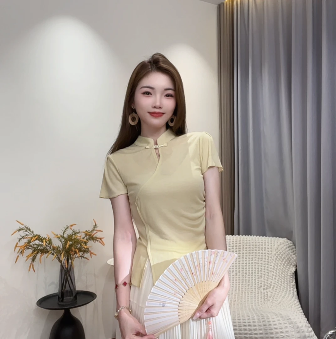 新中式国风盘扣立领开叉短袖T恤夏季新款修身显瘦设计感上衣6819