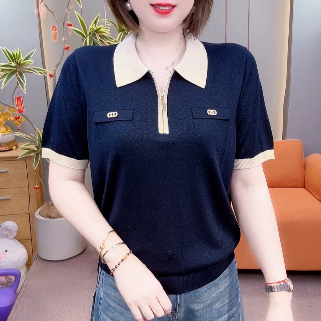 高档简约时尚大气翻领拼色天丝半袖96231