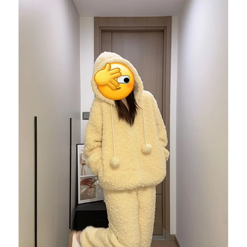 韩版纯色保暖加厚爆款睡衣女秋冬款新款大码连帽家居服两件套外穿