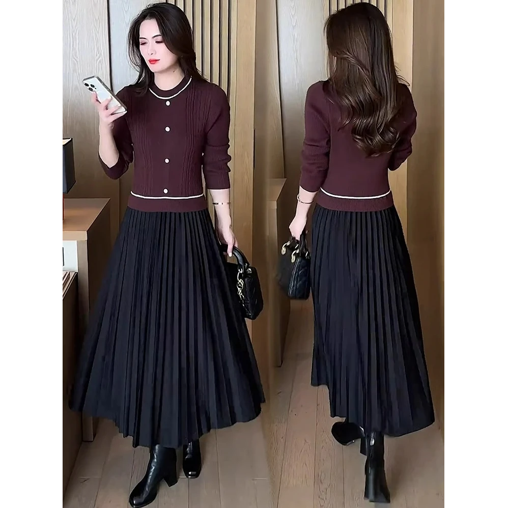 假两件针织连衣裙女2024秋冬新款洋气质显瘦中长款过膝打底长裙子