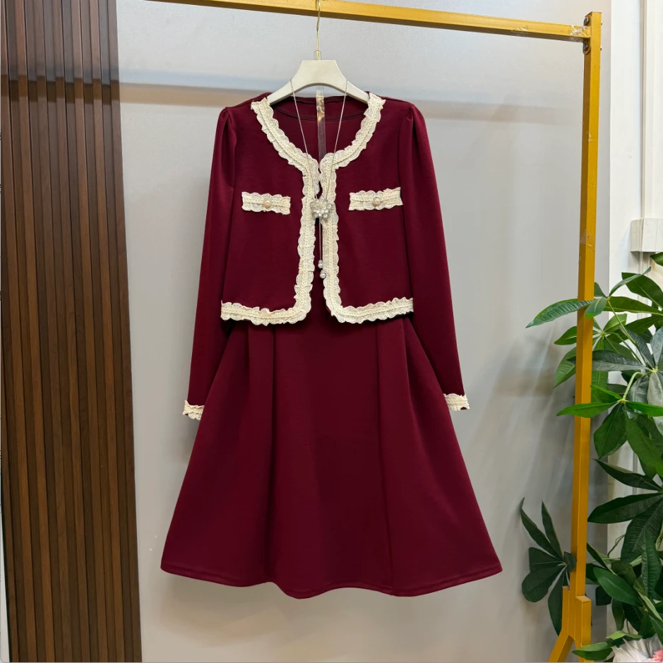 早秋新款时尚洋气法式轻奢小香风外套十砍袖连衣裙两件套套装