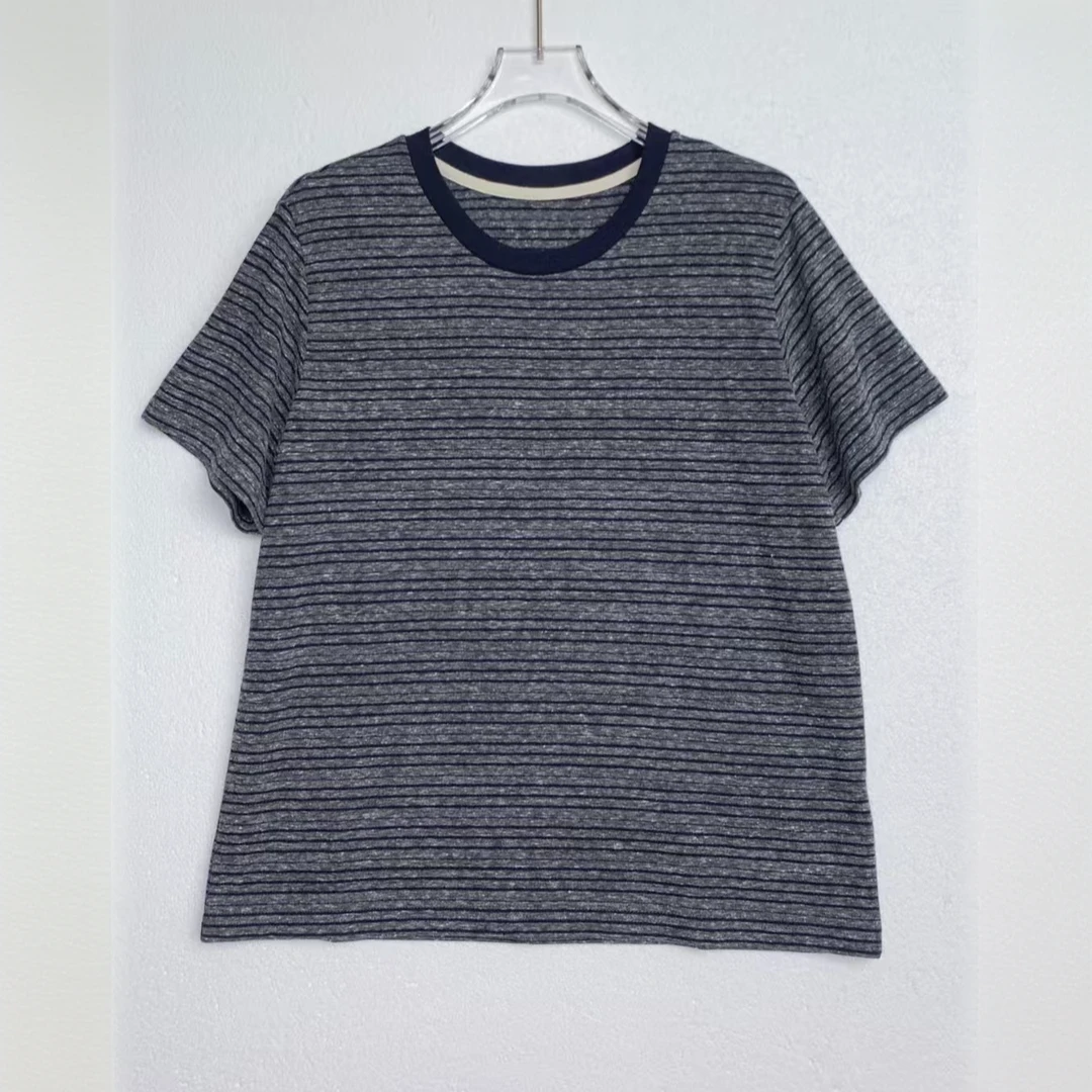 2025新款 花纱条纹灰蓝条短袖T圆领时尚休闲百搭女士春夏半袖