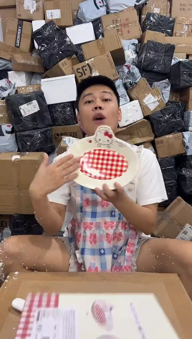 瓷片原盒kt猫红格子餐盘 微瑕