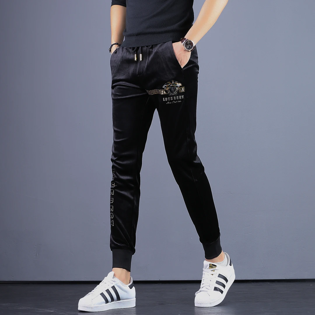 潮牌男男士休闲裤秋冬季新款高端修身弹力束脚裤百搭刺绣男运动裤