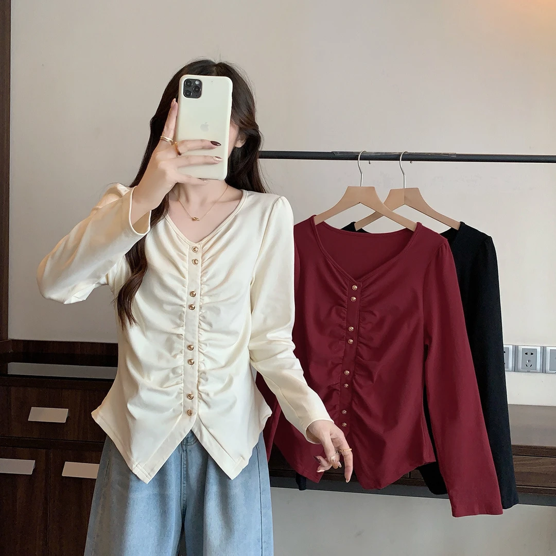 清大码女装2025秋季设计感小众V领褶皱T恤显瘦减龄长袖上衣63616