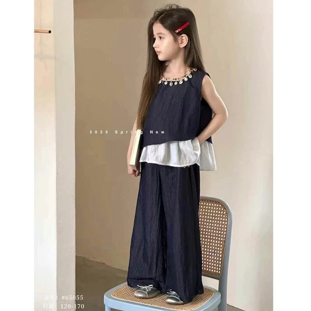 【haobaby】2025夏款圆片小贝壳项链设计牛仔套装5055