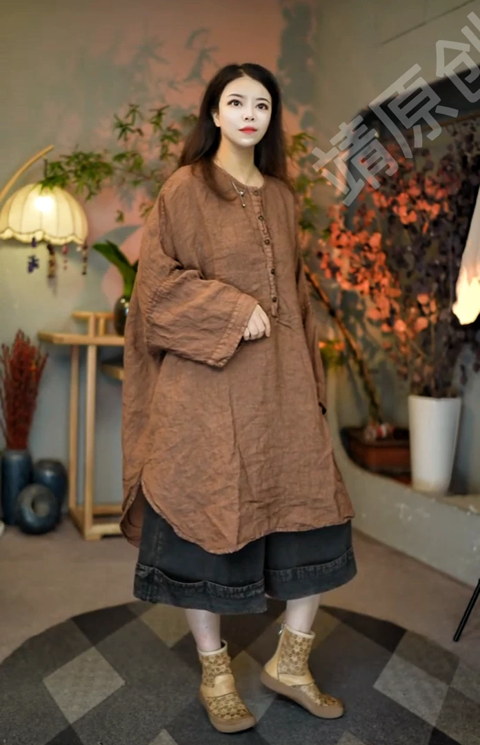 2780【靖靖原创】品牌订但半开扣汉麻慵懒风上衣（衣长前90胸围170）