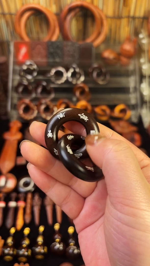 雷枣木玉化  双面镶银五雷五路乾坤圈 2.0