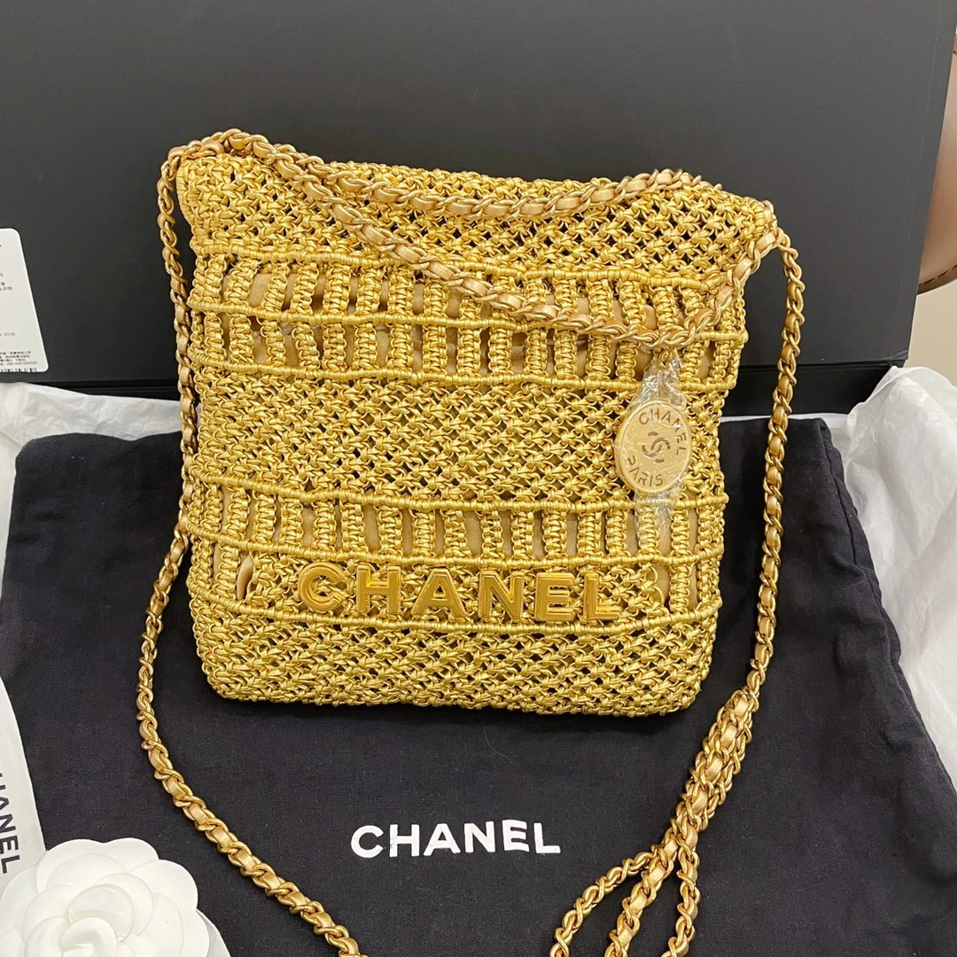 99新 Chanel/香奈儿 mini 22bag金色编织牛皮包 肩包/7SH38946