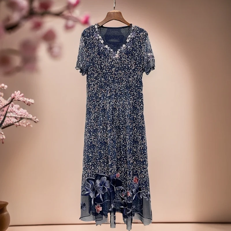 256110设计师 新款 时尚气质女装显瘦连衣裙遮肚子妈妈装上档次