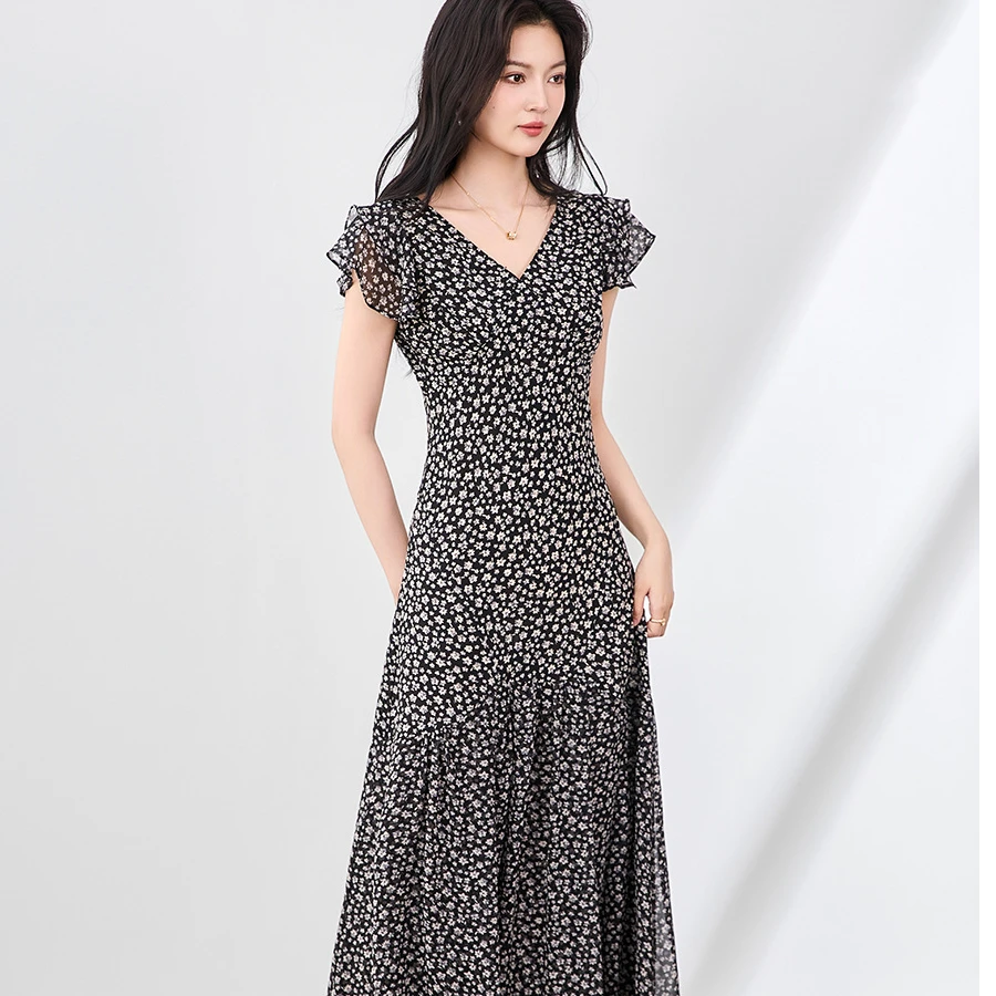 KROCHE&CHEN法式度假风印花雪纺气质V领连衣裙夏荷边袖收腰修身