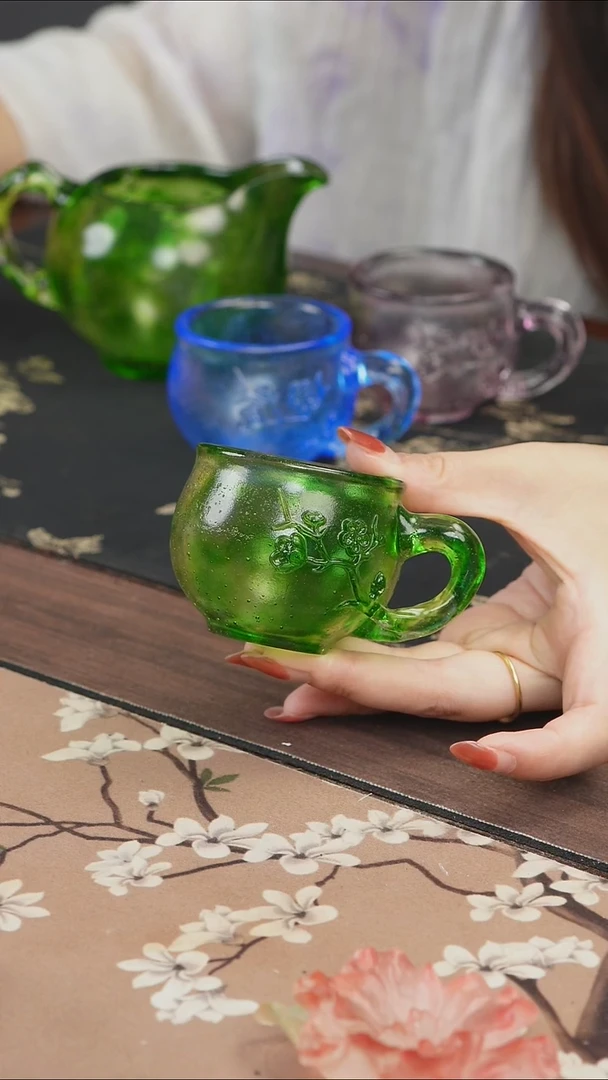 手工艺品琉璃绿色梅花侧把主人杯