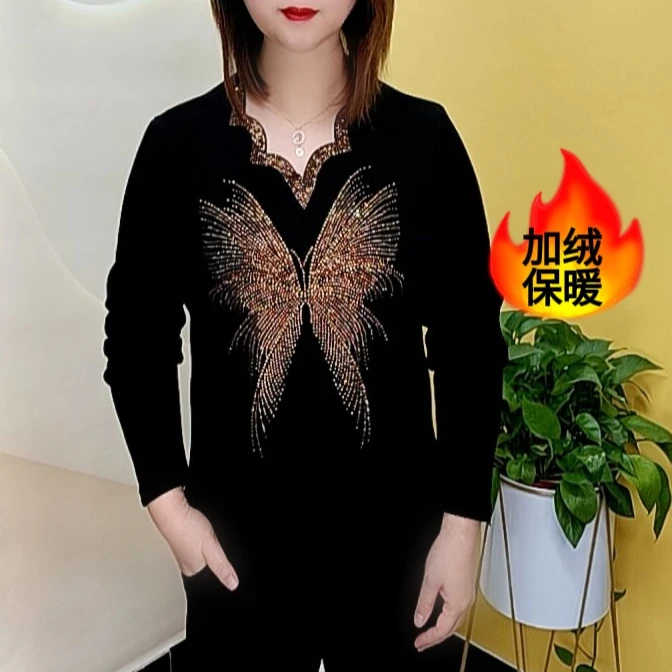 时尚洋气百搭V领烫钻轻奢黑色打底小衫高贵气质修身显瘦上衣女