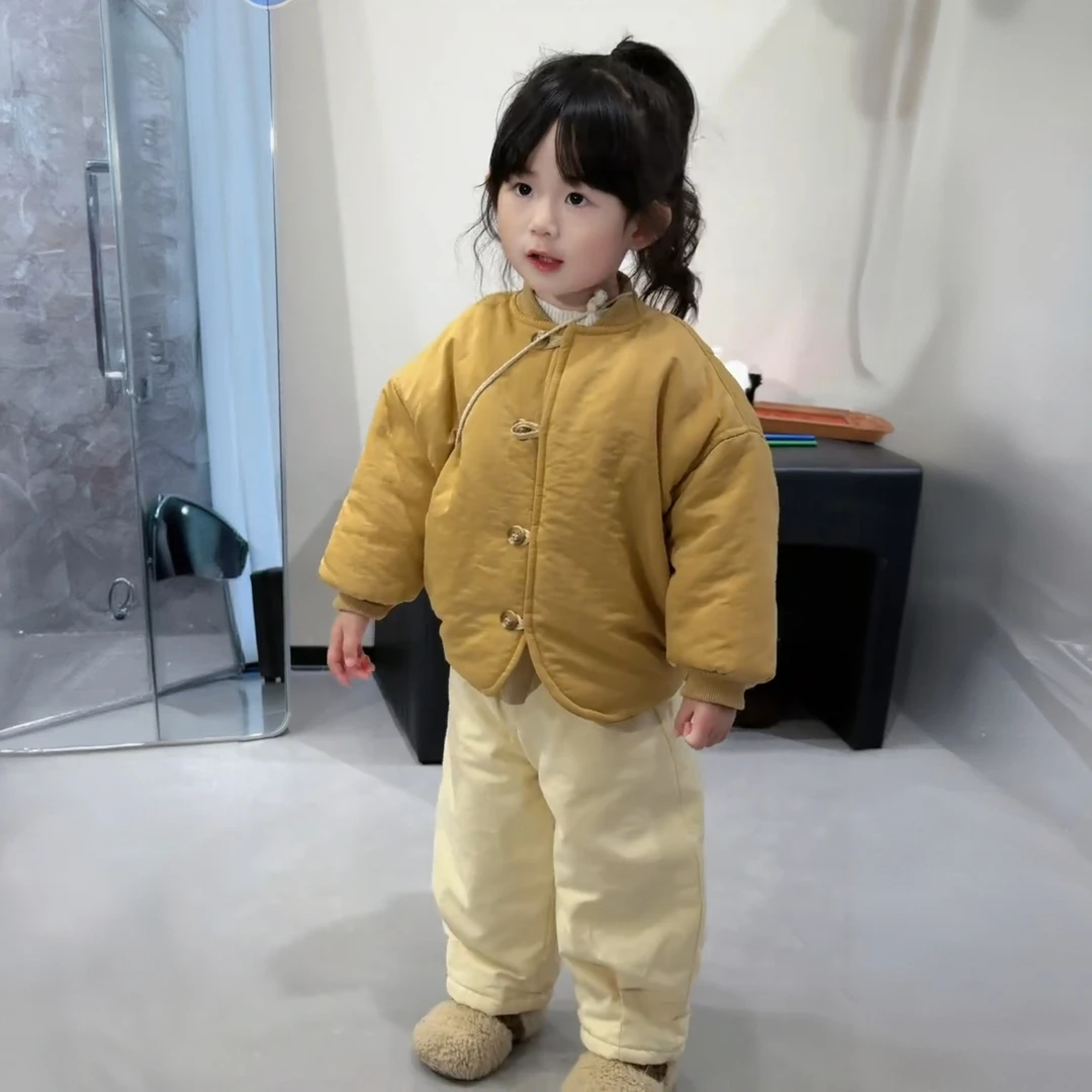 女童秋冬加绒套装2025冬季新款儿童夹棉加绒外套保暖棉裤两件套