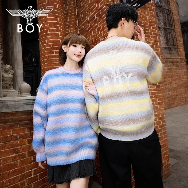BOYLONDON秋冬条纹撞色休闲琥珀流光情侣圆领套头针织毛衣N60900