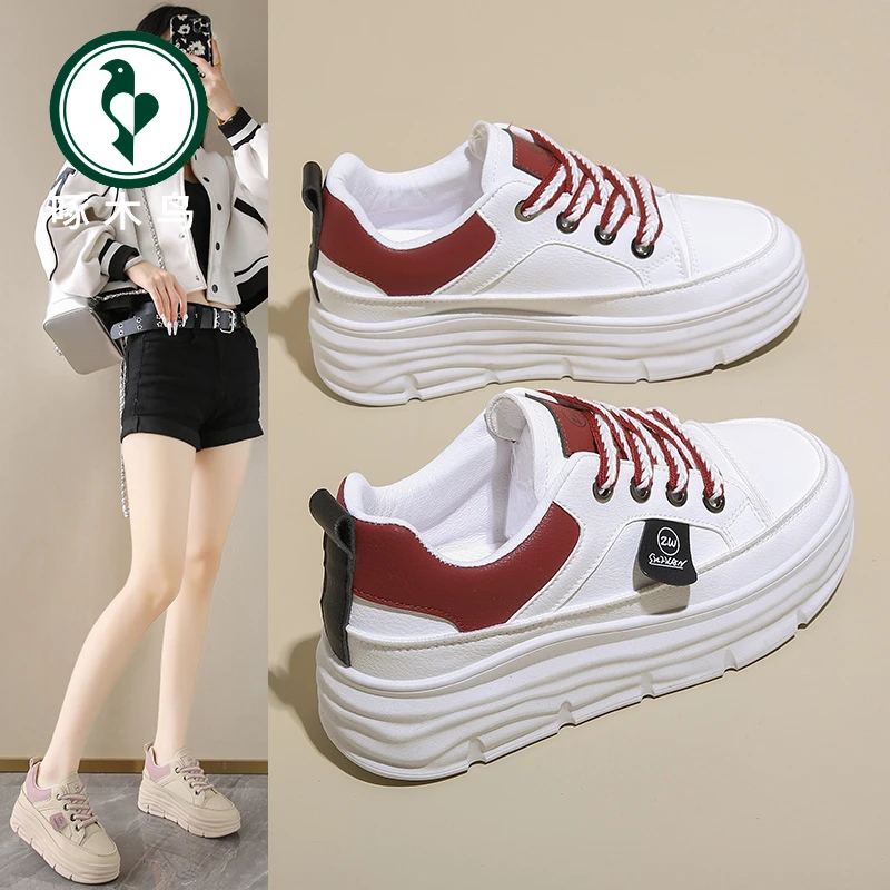 【啄木鸟】透气女鞋春秋季拼色厚底增高皮面休闲鞋时尚百搭女板鞋