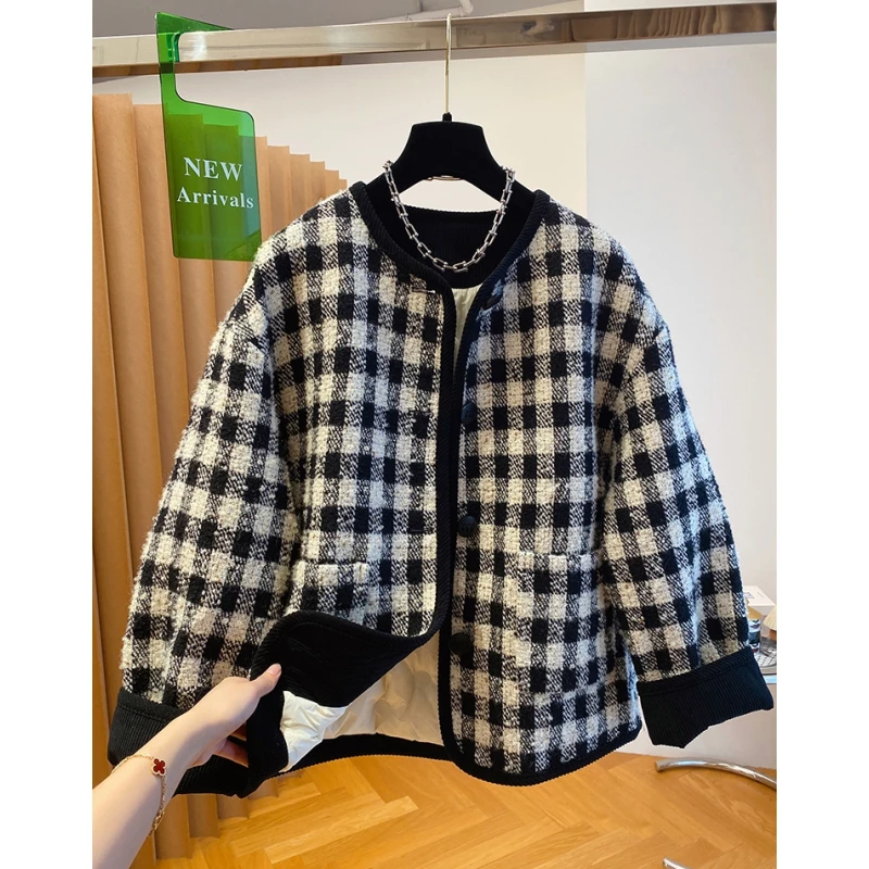 P700韩国韩版格子粗花呢夹棉外套女冬季新款宽松保暖无领棉衣棉服