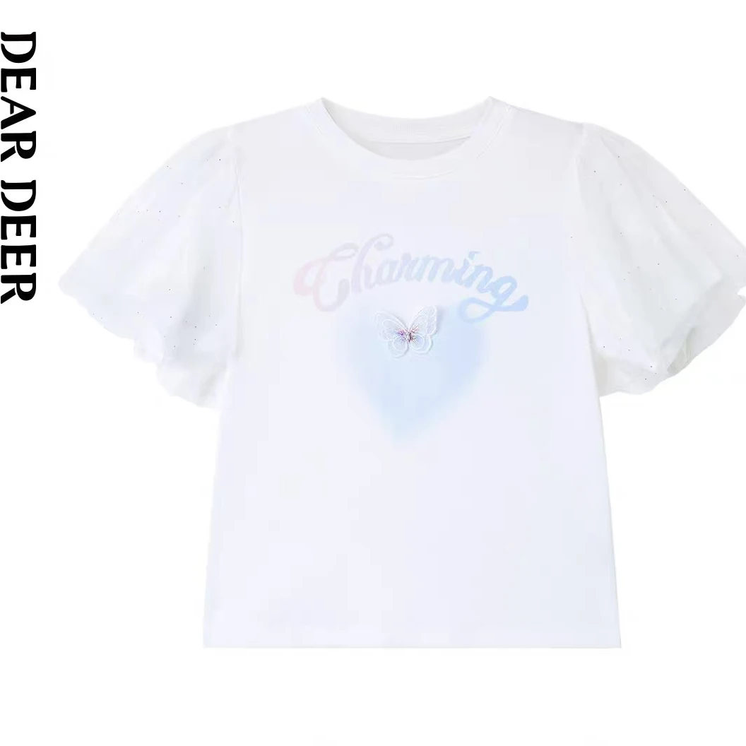 【门店同款】迪迪鹿夏季新款女童短袖T恤渐变爱心蝴蝶扎染