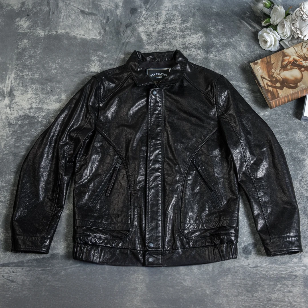 春秋款海宁真皮皮衣男头层油蜡牛皮宽松可立可翻领百搭薄款外套