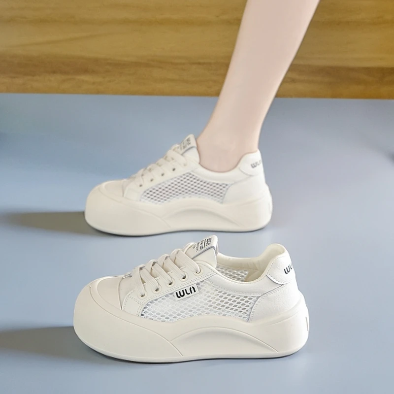 厚底网鞋小白鞋女款2025新款夏季女鞋百搭网面板鞋子运动孕妇透气