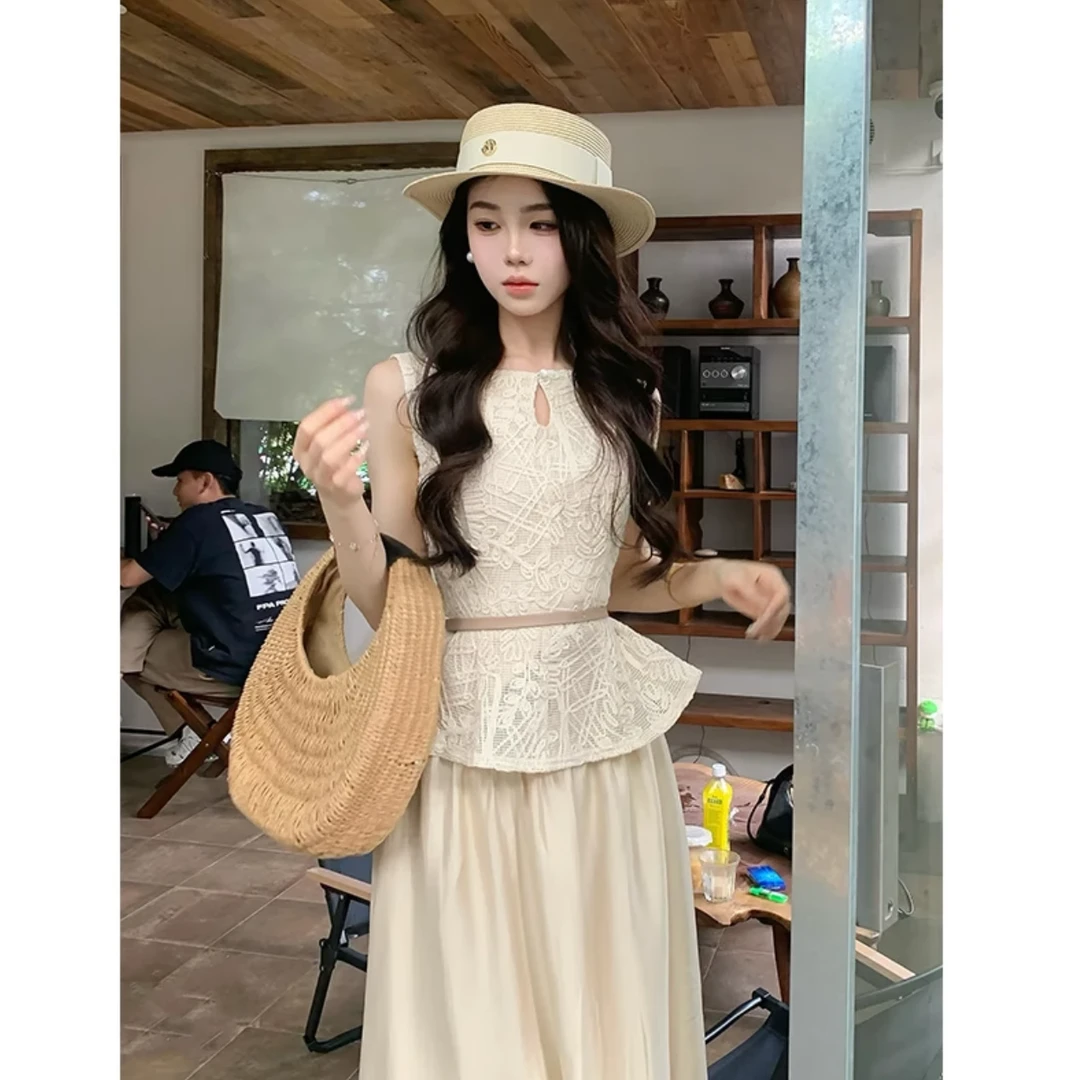 法式气质轻奢时尚套装女夏季款重工刺绣无袖背心显瘦半身裙两件套