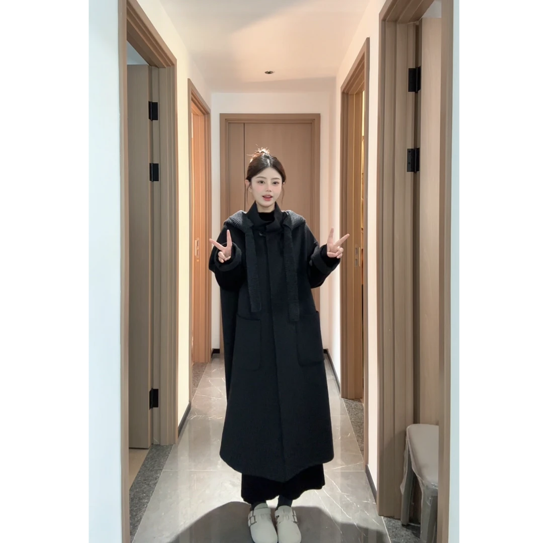 【五五专属】2025秋冬新品针织连帽长款宽松时尚双面羊毛大衣1