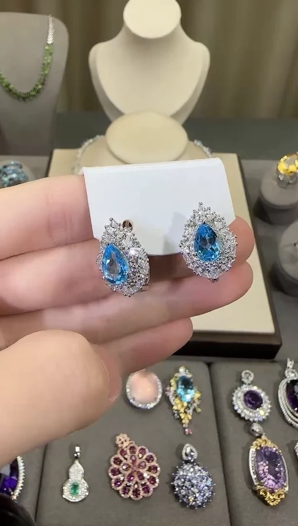 银S925镶嵌托帕石耳饰10*8mm耳扣水滴款