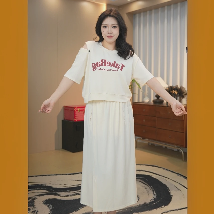 【清仓现货 次日发货】流行印花上衣半身裙两件套大码套装7D008