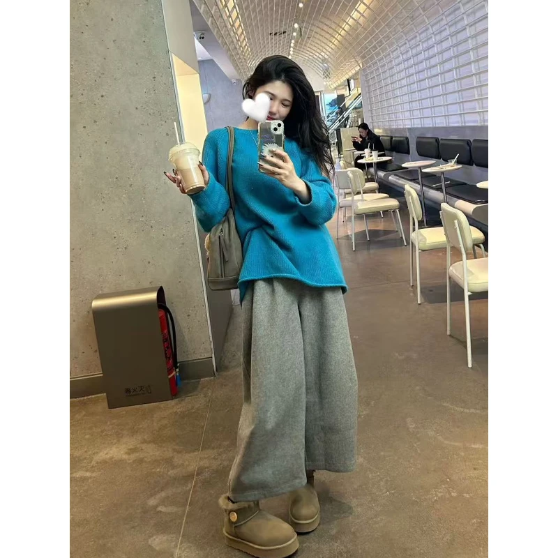 2025年冬季韩系一整套ootd穿搭蓝色毛衣灰色裤子盐系轻熟两件套装