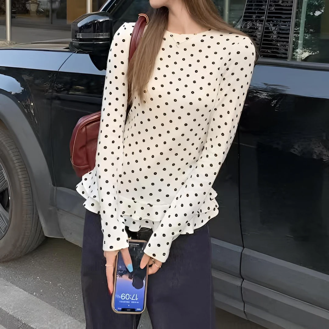 甜美风白色波点长袖T恤女春秋季新款荷叶边打底衫显瘦内搭上衣