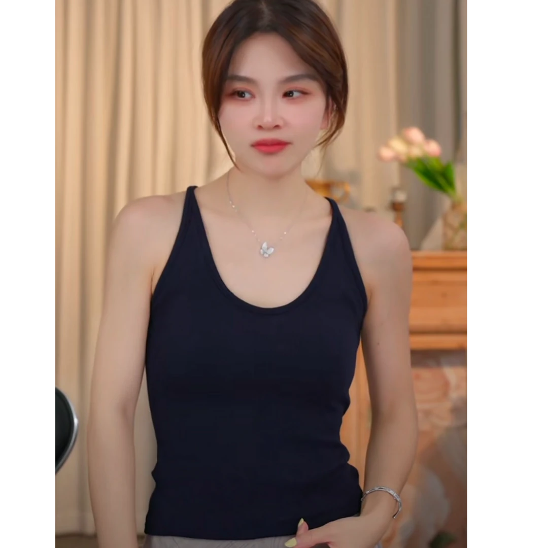 万络媞工字背螺纹背心带胸垫一体式透气舒适通勤美背无袖内搭