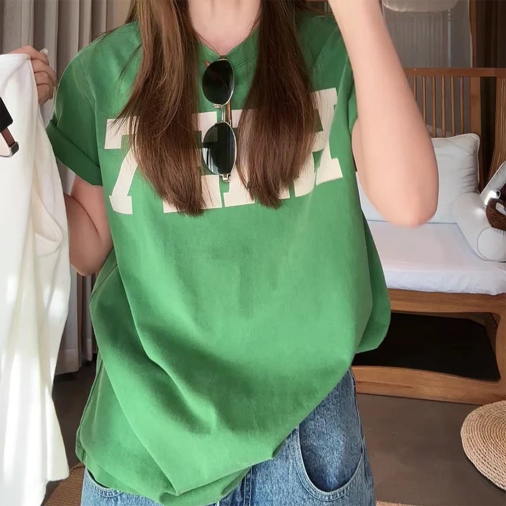 “美式青睐”复古绿圆领宽松休闲短袖T恤上衣C5775