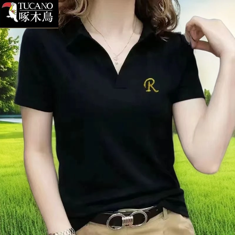 啄木鸟2025年夏季刺绣POLO领短袖T恤新款韩版女显瘦上衣简约通勤