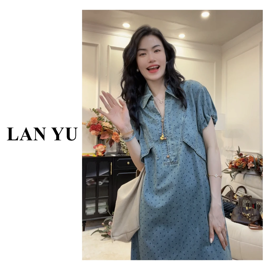 【波点牛仔】薄款软牛仔~小众定制面料高级感牛仔裙花苞袖连衣裙zb