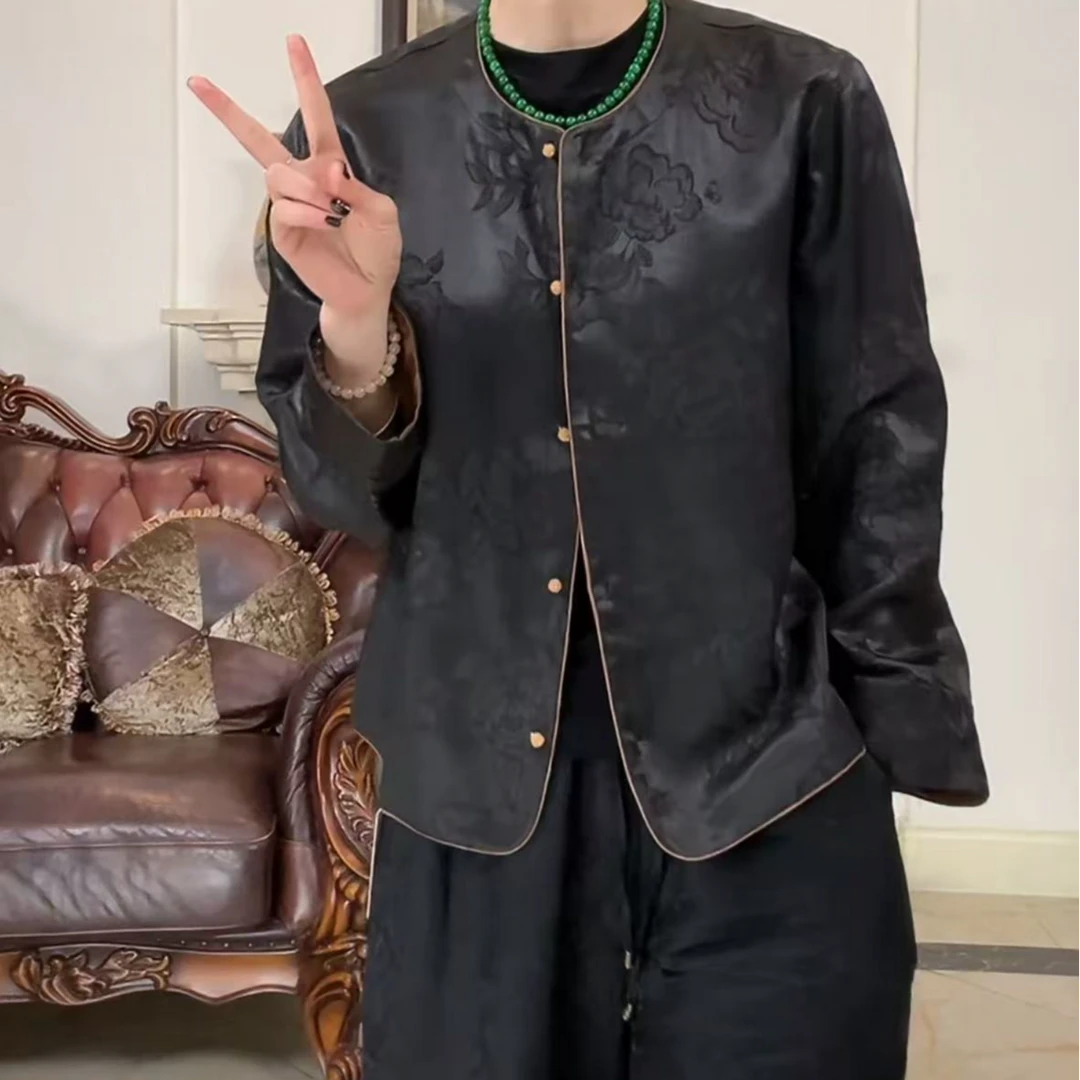 香云纱大重锻双面穿皮子料牡丹花外套上衣60372224-300199