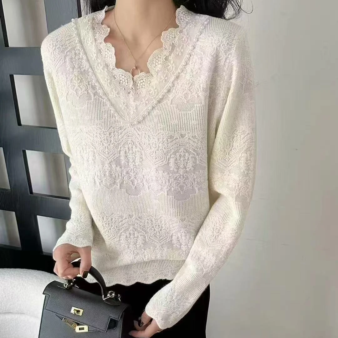 蜗牛家气质V领设计款织花羊毛毛衣