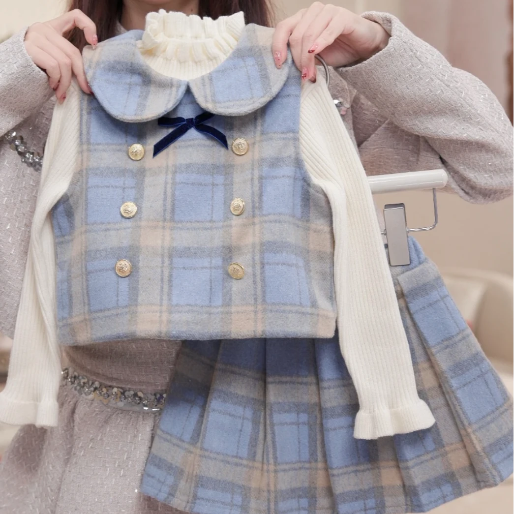 【海盐舒芙蕾】女童冬加绒加厚套装女孩学院风百褶裙两件套海盐色