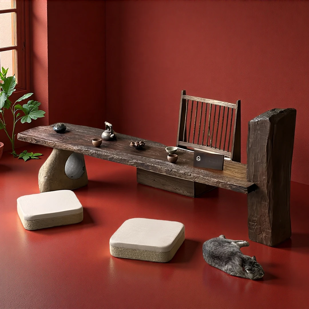 原木大板茶桌茶台风化老木民宿餐桌设计师石头石木茶室泡茶桌