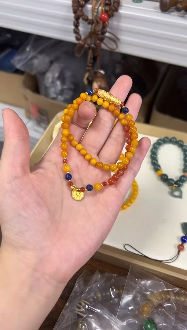 未镶嵌蜜蜡手链高品蜜蜡南红宝宝佛双圈[0318]