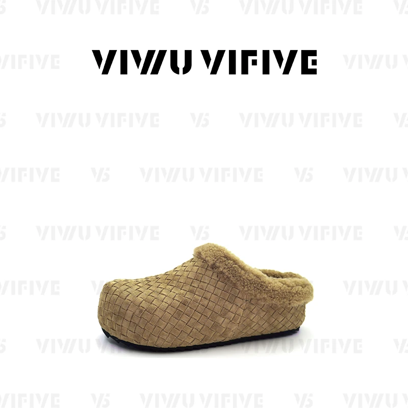 V5「云绒」2025秋上新流光风反绒编织保暖加绒包头外穿勃肯拖鞋女冬
