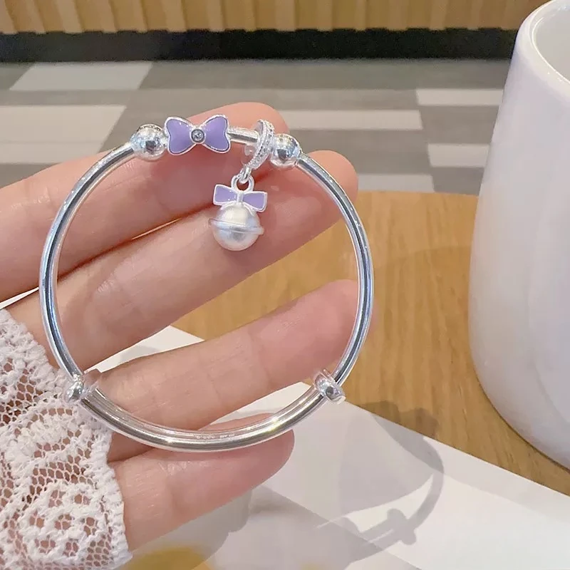 足银手镯 999.9纯银A90蝴蝶结在逃公主铃铛纯银中大童学生