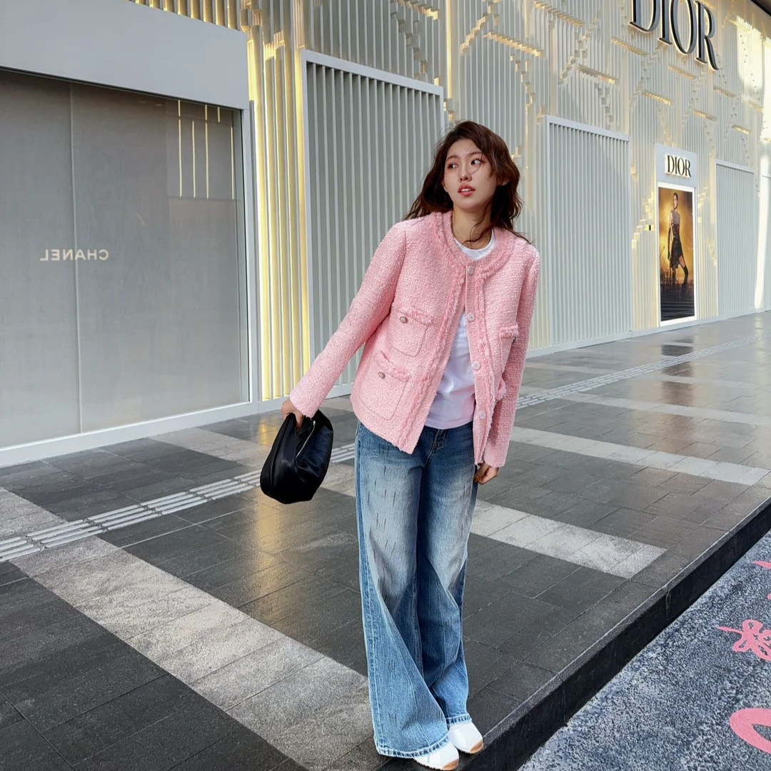 新款圆领拼花边香风外套